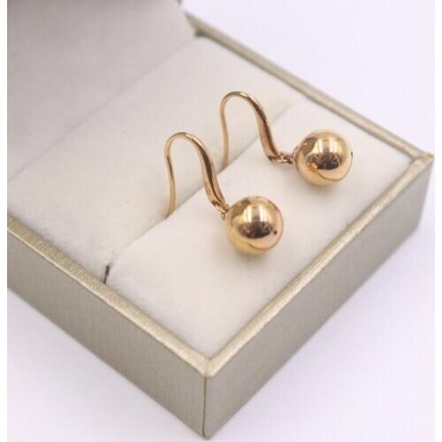 Real Solid 18K Rose Gold Earrings Women Luck Smooth Ball Dangle Earrings 3-3.3g 22x8mm