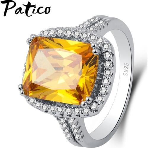 New Attractive Clear Crystal Yellow Color Square Cubic Zirconia Rings For Women 925 Sterling Silver Jewelry Accessory