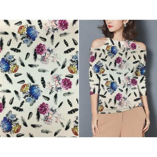 Thickness 19mm natural silk stretch satin fabric feather peony digital printing summer silkworm silk dress cheongsam cloth new