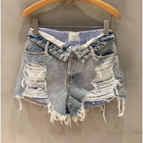Womens summer stitching denim shorts fashion high waist hollow letter printing American luxury brand casual denim shorts