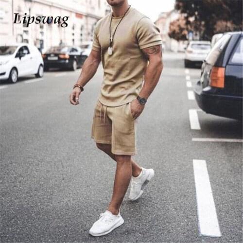 Fashion Solid Two Piece Set For Men Casual O-Neck Short Sleeve Tops And Drawstring Shorts Tracksuits Male 2021 Summer Streetwear