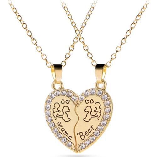 Silver Gold Rhinestone mama bear Hollow Engraved Letter Heart Pendant Family Love Necklace Jewelry Gifts For Mother 2PCS/Set