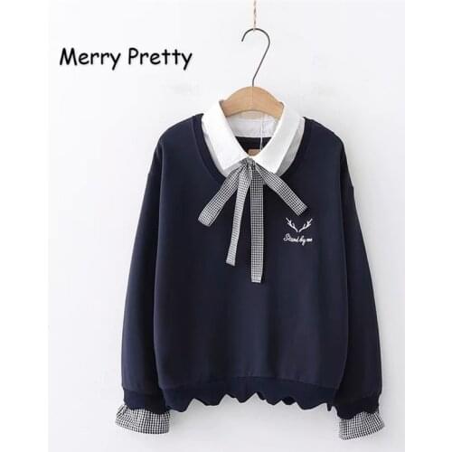 MERRY PRETTY Women Letter Embroidery Hoodies 2020 Spring Long Sleeve Turndown Collar Patchwork Sweatshirts Preppy Style Pullover