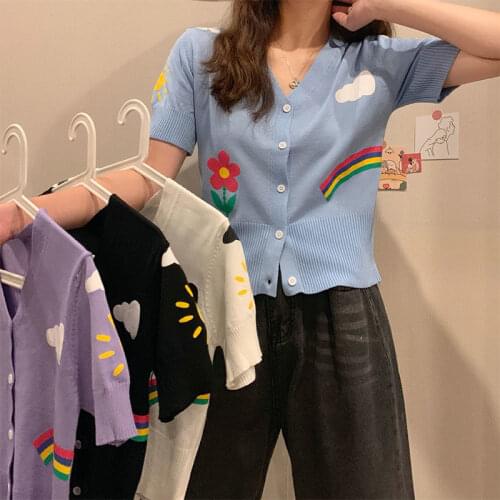 Summer Women Sweet Knit Rainbow Printed T Shirt Casual Streetwear Knitted Bottons Cardigan Shirts Feme Tees Tank Crop Tops