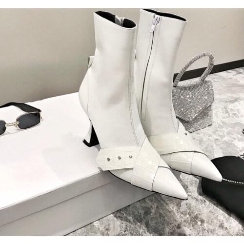 2021 Pointed Toe Boots Women High Heels Boots Spring Autumn Wine Glass Heels Mid-Calf High heels Fashion White Female Boots