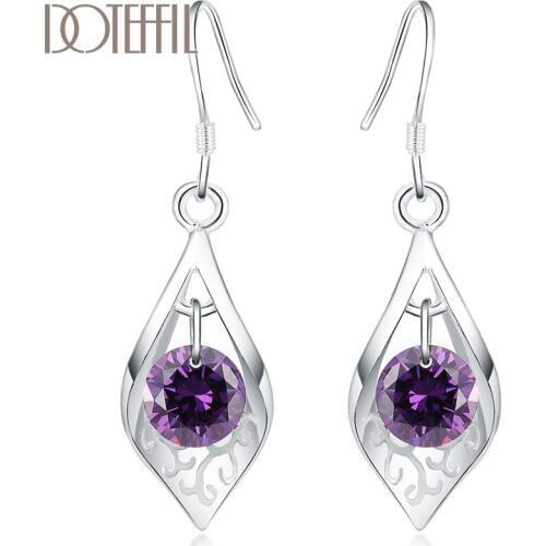 DOTEFFIL 925 Sterling Silver Purple Zircon Drop Earrings For Women Best Gift Wedding Engagement Party Jewelry
