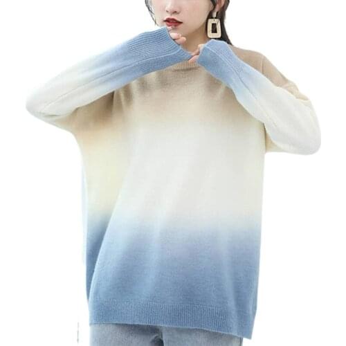 Womens Knitted Sweater Gradient Color Round Neck Long Sleeve Tops 2021 Spring and Autumn New Casual Loose Personality Simple