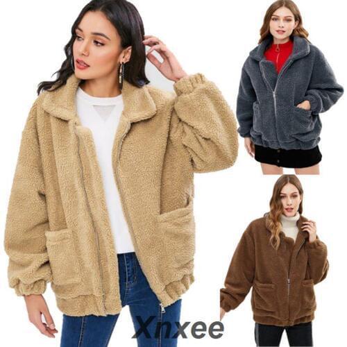 Winter Autumn Women Faux Fur Coat Fashion Fleece Faux Fur Coat Lady Outwear Warm Zipper Casual Womens Jackets With Pocket Xnxee