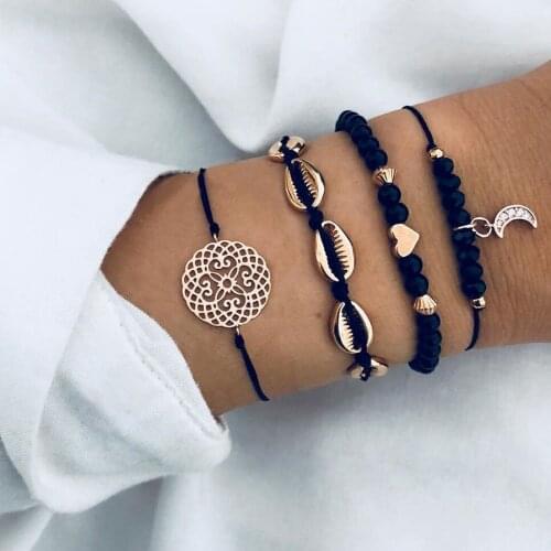 4Pcs/Set Gold Color Alloy Woven Shell Beaded Bracelets Women Personality Black Hollow Carved Love Crescent Bracelet Jewelry
