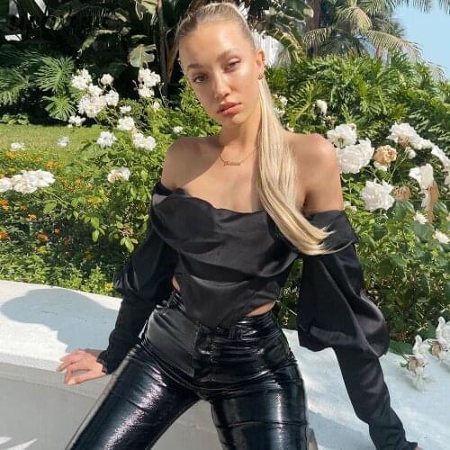 Free Shipping Chic Womens Draped Satin Tops Spring 2021 New Style Black Irregular Halter Card Shoulder Long Sleeve Cropped Top