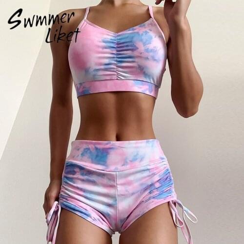 Printed bikinis 2020 mujer Sports swimsuit female Folds swimwear women Knot swimwear Vintage bathing suit women short pants new