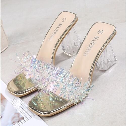 Ladies Trend 8CM Square High Heels Nightclub Sandals Transparent Sole Catwalk Pole Dance Shoes Women Slippers Slide Shoes DB0079
