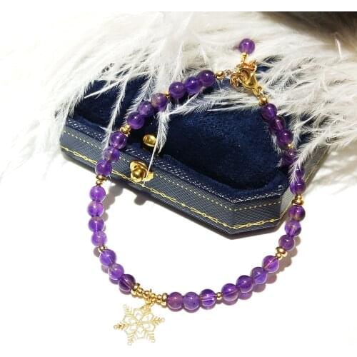 Lii Ji Amethyst Snowflake Charm14K Gold Filled Bracelet 17+3cm Natural Purple 4mm Stone Handmade Jewelry For Women Gift