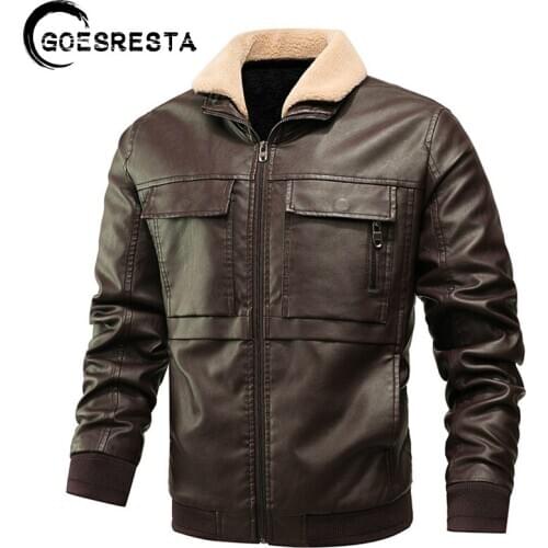 Brand High Quality Fur Collar Fleece Winter Leather Jacket Men
