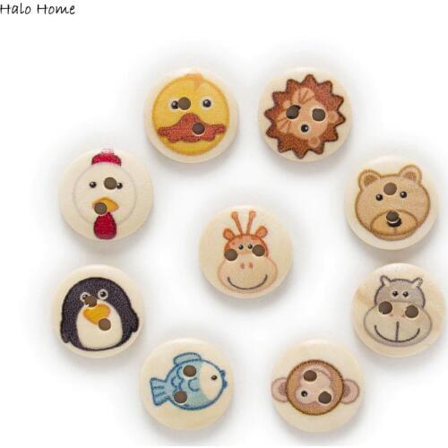 50pcs 2 Hole Cute Animal Wood Buttons Clothing Home Sewing Scrapbooking Decor Wooden Cartoon DIY 15mm