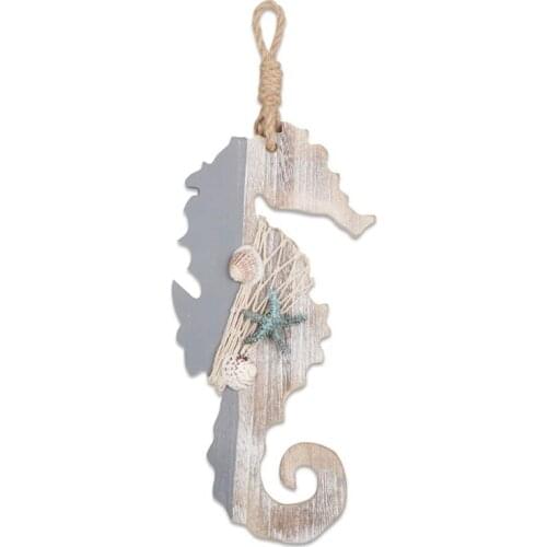 Wooden Decor Seahorse with Starfish and Shells for Nautical Decoration,Wall Hanging Ornament Beach Theme Home Decoration