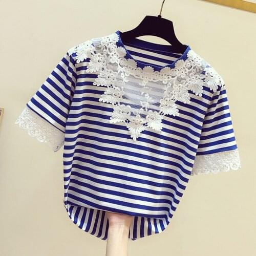 GGRIGHT Korea 2021 Summer Cotton Stripes Tshirts Short Sleeve Casual T-Shirt Women O-Neck Lace Tee Shirt Femme