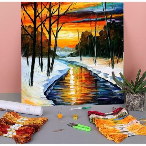 Oil Painting Style Winter Pre-Printed 11CT Cross Stitch Patterns Embroidery DMC Threads Painting Needlework Wholesale