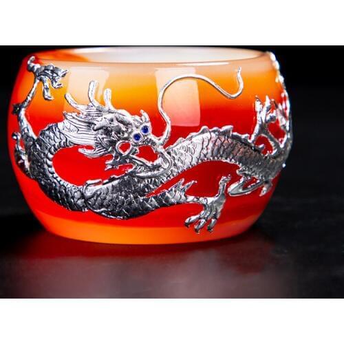 Red Agate Pattern Jade Porcelain Teacup Silver Dragon Master Tea Cup Bowls Kung Fu Tea Set Chinese Pu'er Teaware Drinkware Gifts