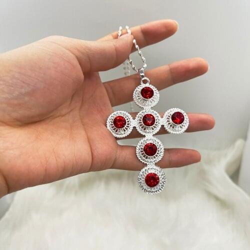Bigger Crosses Red Stone Ethiopian Big Cross Pendant Necklaces for Women Silver Color & Copper Eritrea Jewelry Africa Ethnic