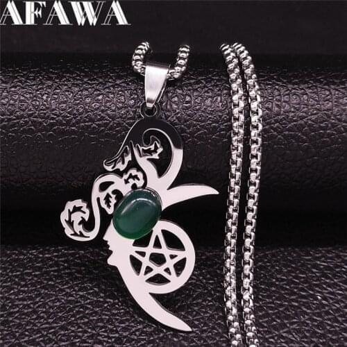 Witchcraft Pentagram Moon Flower Natural Stone Stainless Steel Chain Necklaces Silver Color Women/Men Jewelry collier N4353S02