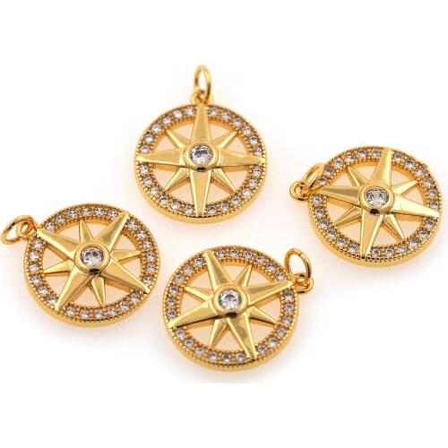 Copper Plated Real Gold Round Hexawn Star Pendant Lucky Compass Bracelet Necklace Earrings DIY Accessories
