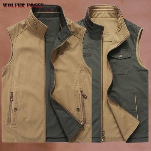 Mens double-sided wear stand collar vest mens 2021 spring outdoor multi bag tooling washed cotton jacket fashion