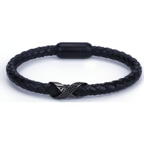 New Dark Brown Black Blue Red Macrame Leather Black Gun Pave CZ X Charm Stainless Steel Magnetic Clasp Bracelets Bangles For Men