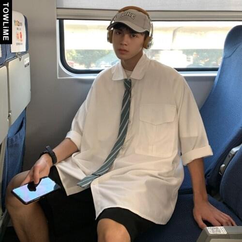 Summer New Men Oversized Short Sleeve Shirts 2021 Korean Streetwear Colorblock Button Up Loose Casual Shirts With Tie