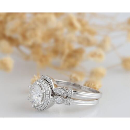 Veryins Vintage Filigree 14K 585 White 2CT 8mm DEF Color Moissanite Engagement Ring Bridal Set for Women Wedding Gift