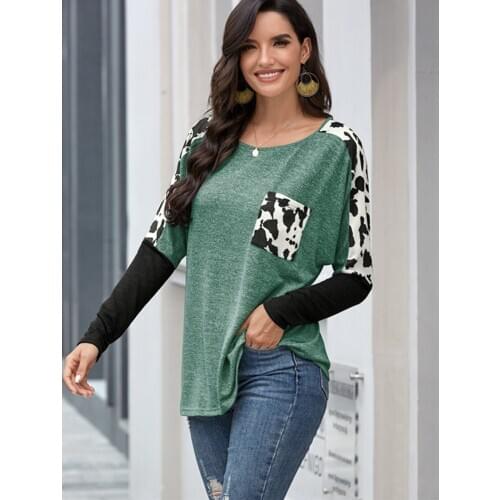 Women Leopard Patchwork Tee Shirts Long Sleeve Casual Tops Female O-neck Tee Autumn Pocket T-shirt Raglan Sleeve Tops Tee