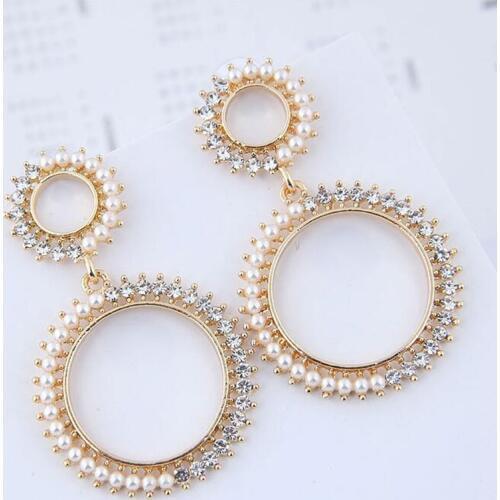 LUBOV Luxury Simulated Pearls Rhinestone Inlaid Small Big Circles Drop Earrings Gold Color Metal Dangle Earrings for Women