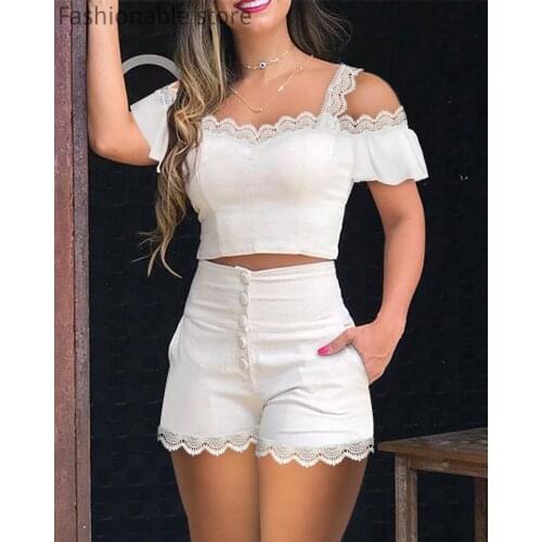 Women Two-Piece Set Cold Shoulder Lace Hem Solid Color Top & High Waist Single-Breasted Shorts Sets