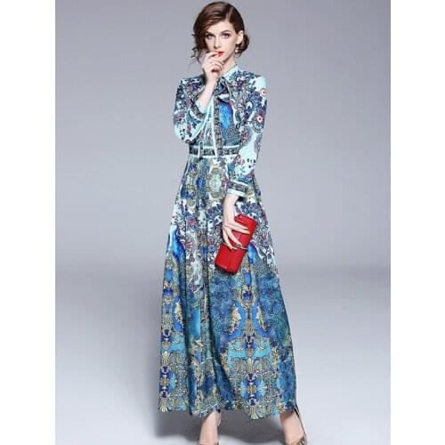 Womens spring autumn long sleeve vintage print long dress female runway fashion high waist plus size dress TB773