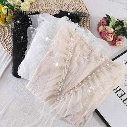 2020 autumn winter new female chic o-neck beading lantern sleeve ruffles lace shirt womens elegant mesh blouse women shirts top