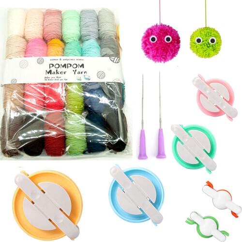 6 Size Pompom Maker Fluff Ball Waver with 24 Colours Acrylic Yarn Skeins Thread Cutter Scissors DIY Woof Ball Weaver Needle Tool