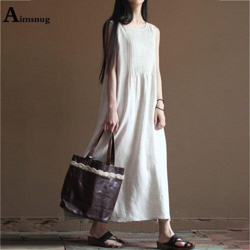 Aimsnug Plus Size 4xl 5xl Women Elegant ienen Dress Sleeveless O-neck Party Dresses 2021 Ladies Vintage Casual Long Maxi Dress