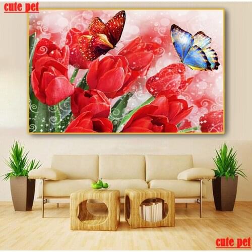 Cute pet DIY Diamond Painting Tulip butterfly cross stitch Full square round Diamant 5D Embroidery Handcraft mosaic Home Decor