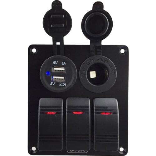 Waterproof 3 Gang Red LED Rocker Switch Dual USB Car Charger 12V Power Outlet Cigarette Lighter Socket for Car SUV Boat Marine