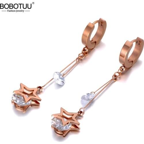 BOBOTUU Titanium Stainless Steel CZ Crystal Star Tassel Earrings Jewelry Sparkling Rose Gold Hoop Earrings For Women BE20009