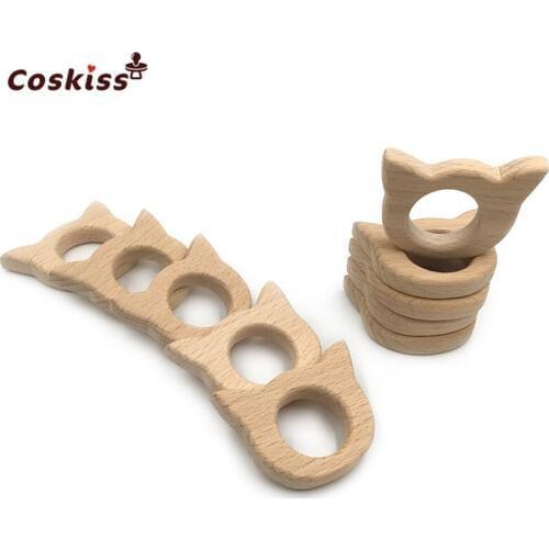 Beech Wooden Cat Natural Handmade Baby Wooden Teether DIY Wood Personalized Pendent Eco-Friendly Safe Baby Teether Toys