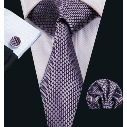 LS-1553 Barry.Wang Classic Men`s Tie 100% Silk Purple Novelty Necktie Hanky Cufflink Set For Men`s Wedding Party Business