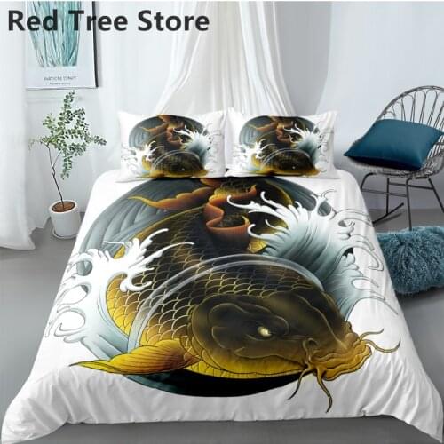 Koi Carps Bedding Set Queen Red Golden Lucky Fish Duvet Cover Set 3D Colorful Quilt Cover 3pcs Auspicious Bedclothes 220 x 240cm