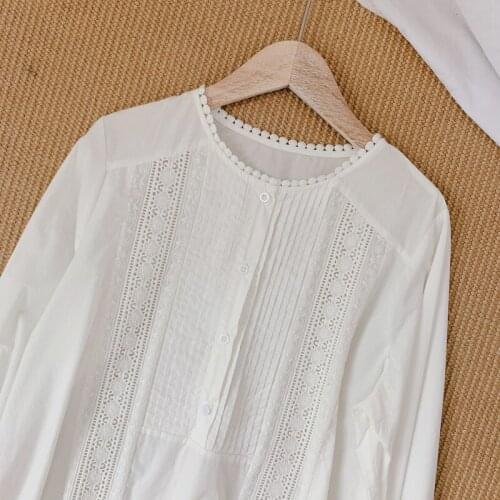 Lamtrip Unique Pleated Chic Lady Hollow Out White Fairy Long Sleeve Cotton Shirt Blouse
