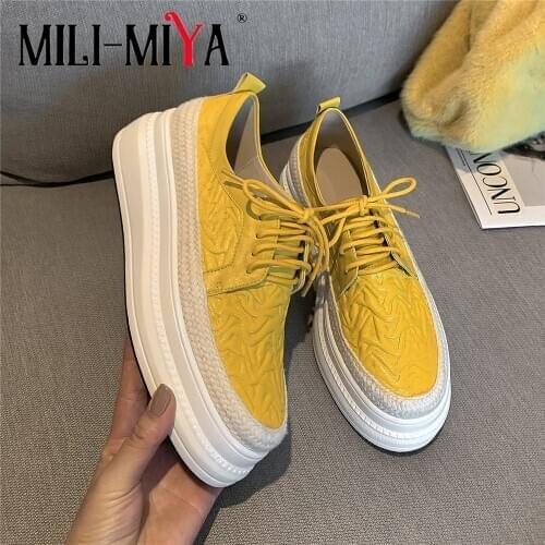 MILI-MIYA Classic Women Platform Cow Leather Flats Round Toe Solid Color Lace-Up Comfortable Street Shoes Size 34-40 For Ladies