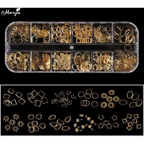 Monja 12 Grid Mixed Style Nail Art Shell Star Moon Oval Design Metal Rivet Studs Chain Frame 3D DIY Charm Decoration Accessories
