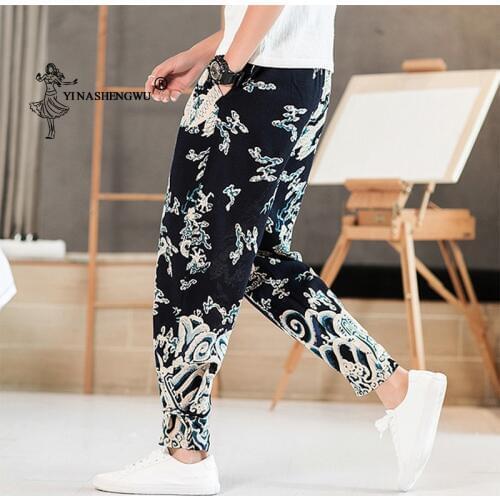 Kimono Pants Men Japan Style Casual Thin Trousers Print Pants Asian Clothing Handmade Plate Buttons Trousers