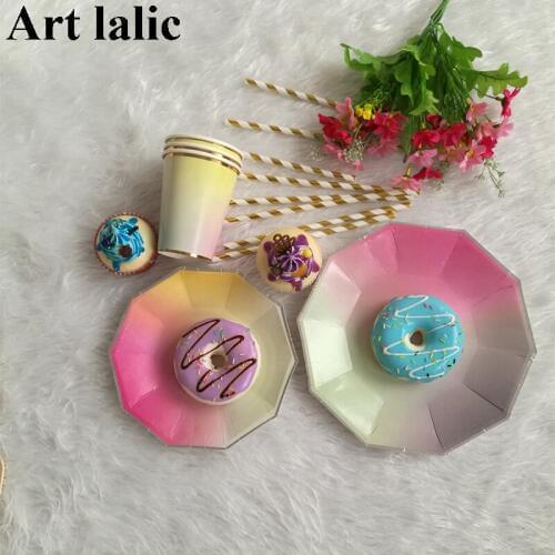 Disposable Tableware Rainbow Gradient Color Foil Plates Cups Paper Straws Wedding Birthday Party Chritmas New Year Decor Home