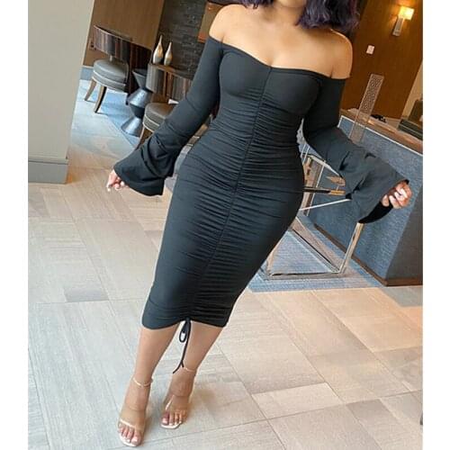 Autumn Spring Ruched Pleated Vestidos Sexy Ladies Solid Slash Neck Flare Long Sleeve Bodycon Dress With Drawstring Party Club
