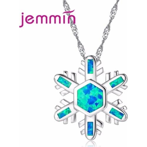 New Gorgeous Blue Fire Opal Snowflake Shape Pretty Flower 925 Sterling Silver Necklace Pendant for Wedding Bridal Women Gifts